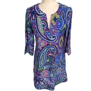Jude Connally Tunic Dress Womens Medium Blue Pink Paisley 3/4 Sleeve Tunic